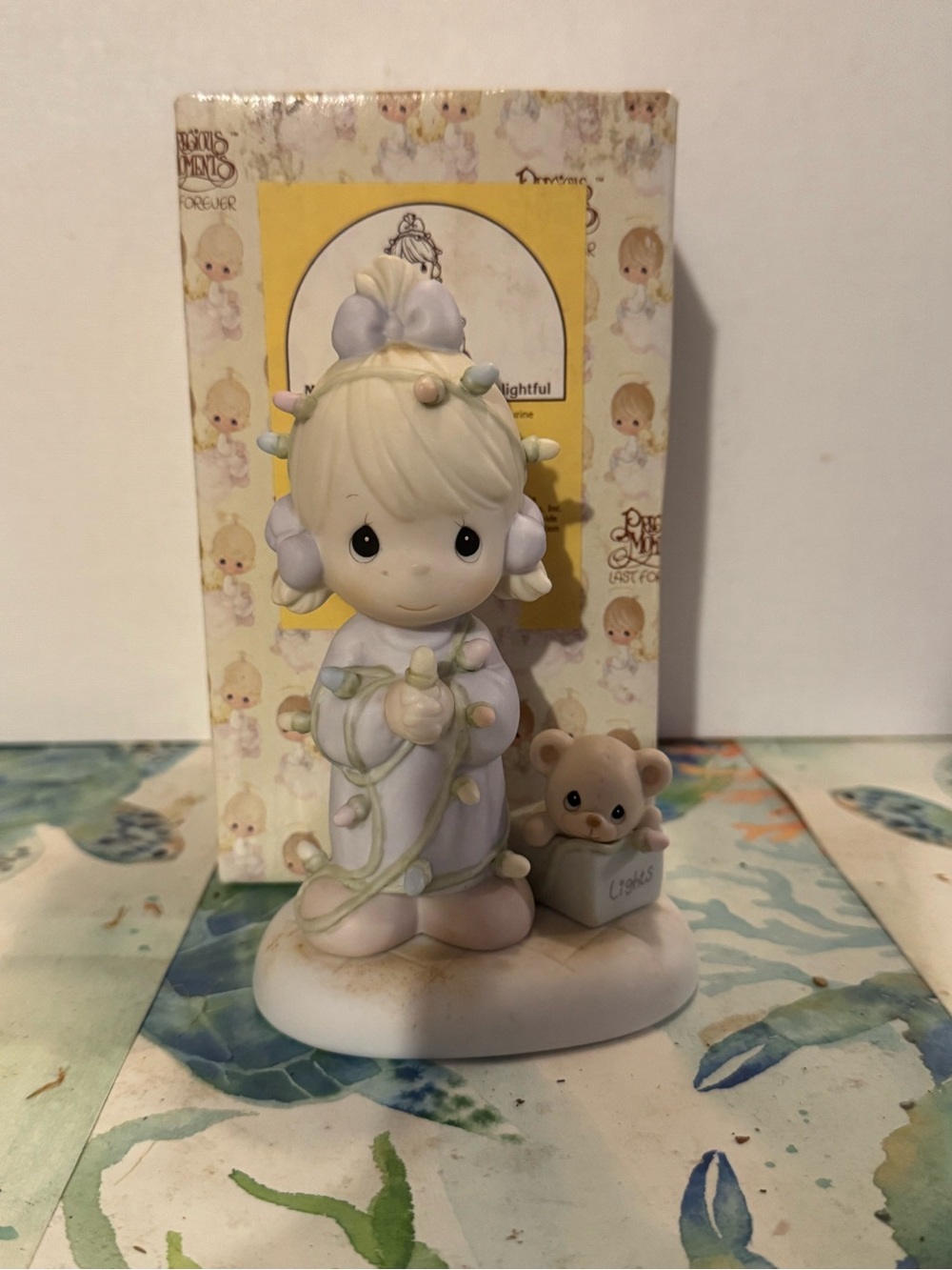 Precious Moments Pastel Blue & Cream Girl Figurine with Teddy